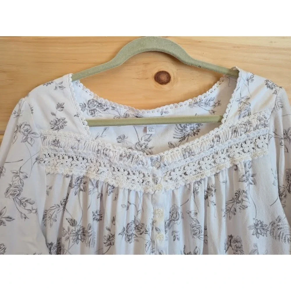 Eileen West XL Floral Nightgown Long Sleeve Lace Trim Cottagecore Feminine Cute